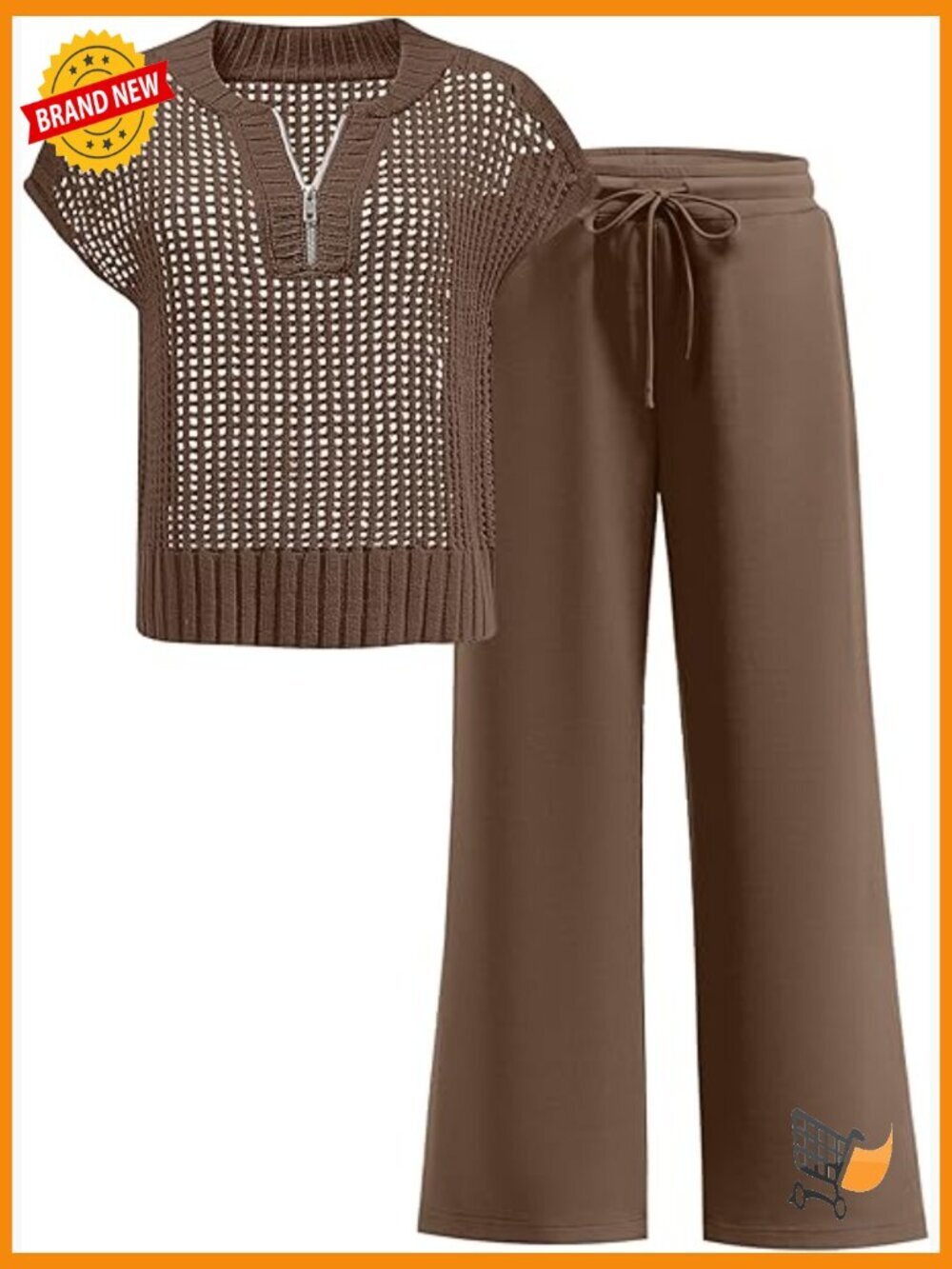 2 Piece Crochet Knit Half Zip Sweater & Wide Leg Pants Lounge Set